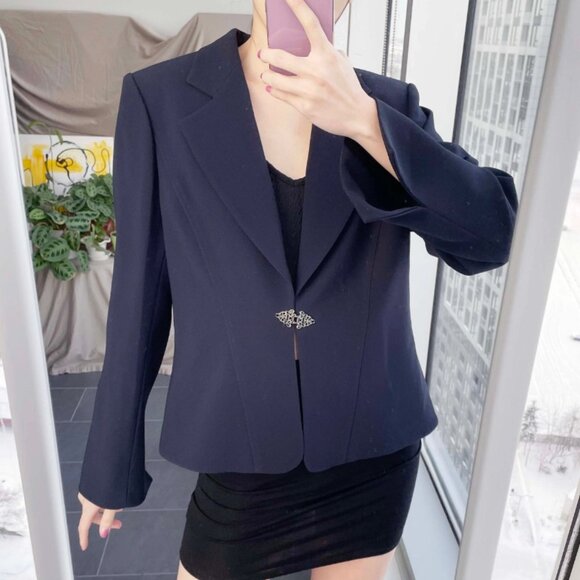 90s Y2K Black Blazer / Vintage Sliver Buckle Blazer - Picture 2 of 5